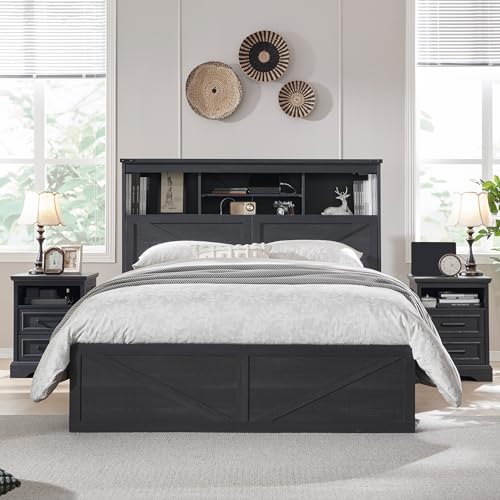 King Size Wood Bed Frame with Storage Headboard and 4 Drawers N7988