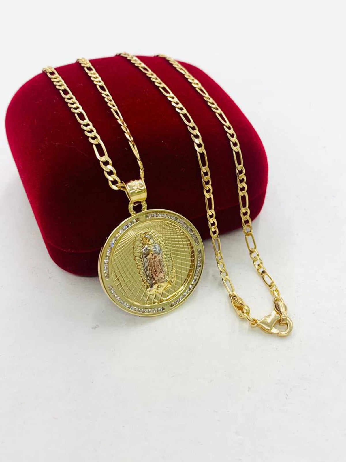 14K Gold Filled Tri Color Virgen de Guadalupe Necklace Figaro Chain R1889