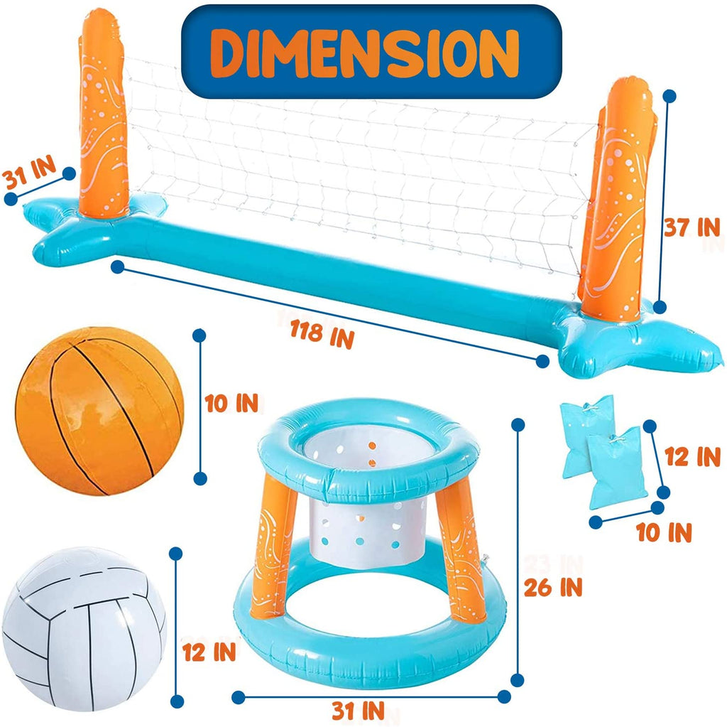 Light Blue Inflatable Volleyball Net & Basketball Hoops Pool Float Set E5843