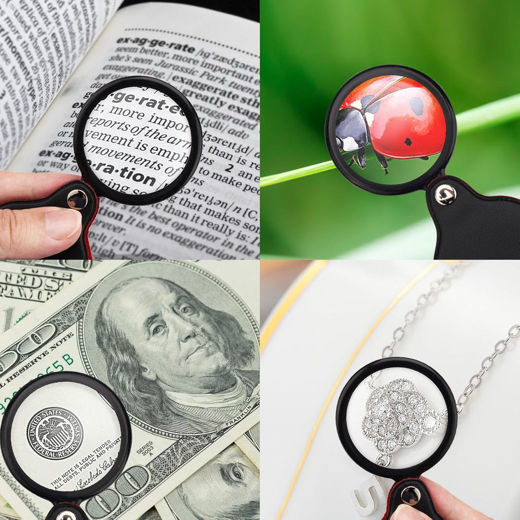 5pcs 10x Mini Magnifier, 2.1" Pocket Magnifying Glass with Rotating Protective Leather Sheath G9018