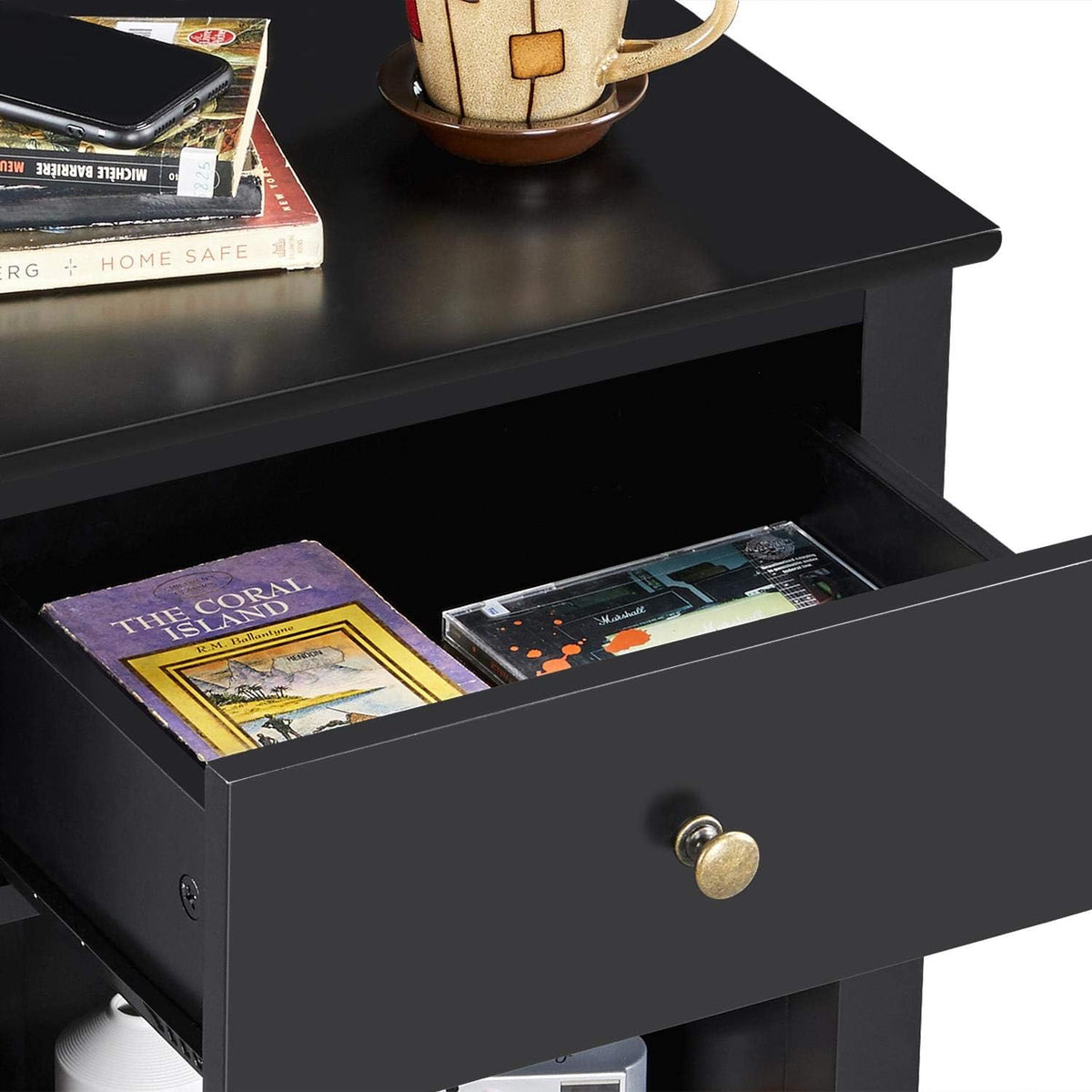 Black 2 Tier Wood Side Table with 1 Drawer and Bottom Shelf O442