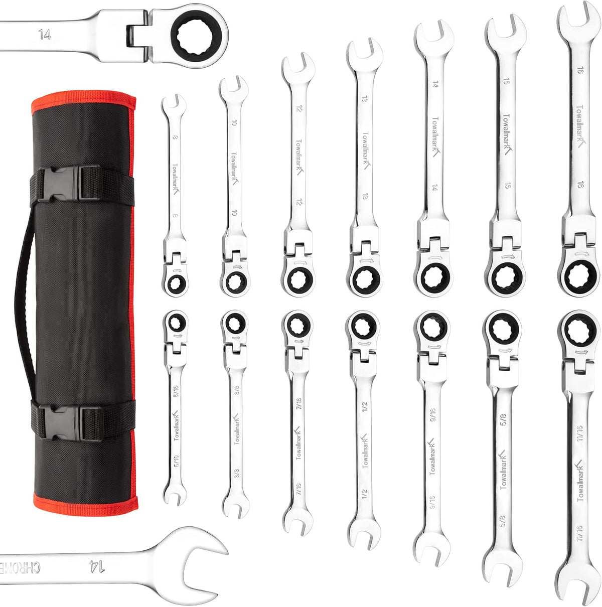 14-Piece Ratcheting Combination Wrench Set, SAE & Metric, Cr-V Steel with Storage Bag I215