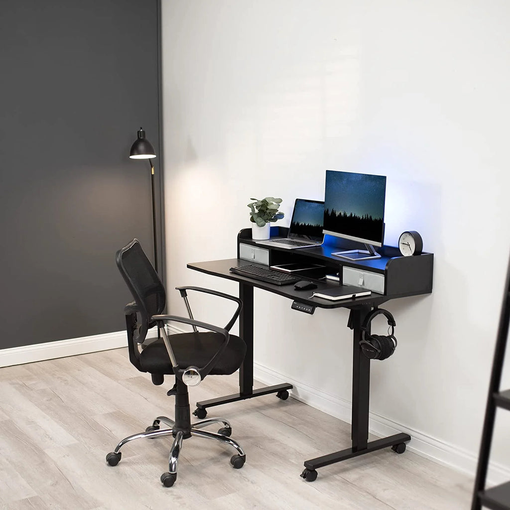 Dark Walnut Top Black Frame 2-Tier Height Adjustable Stand Up Desk I3691