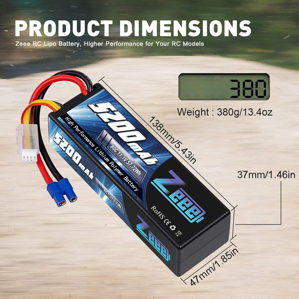 3S Lipo Battery 5200mAh 11.1V 80C with EC3 Plug Hard Case Battery (2 Pack) B221238