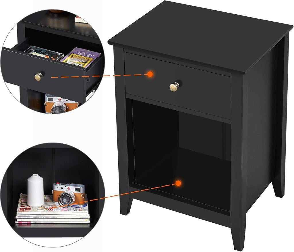 Black 2 Tier Wood Side Table with 1 Drawer and Bottom Shelf O442