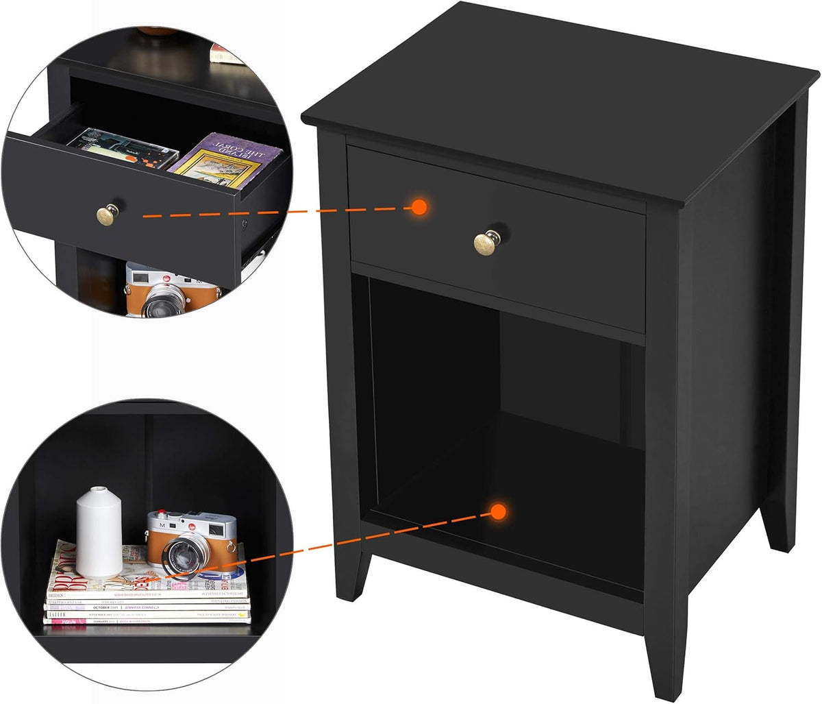 Black 2 Tier Wood Side Table with 1 Drawer and Bottom Shelf O442