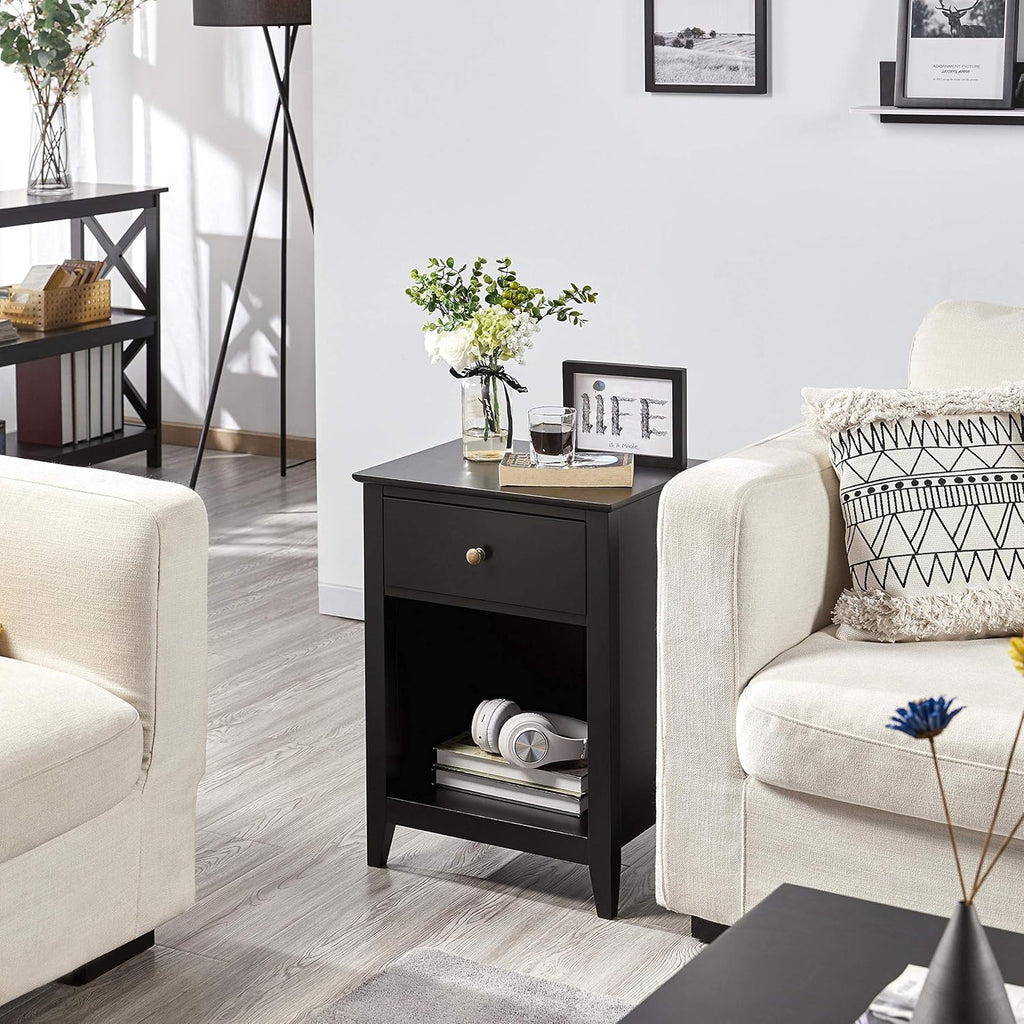 Black 2 Tier Wood Side Table with 1 Drawer and Bottom Shelf O442