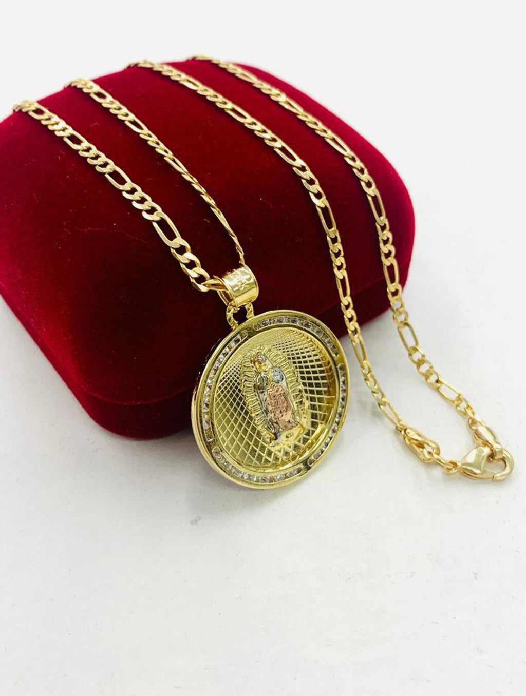 14K Gold Filled Tri Color Virgen de Guadalupe Necklace Figaro Chain R1889