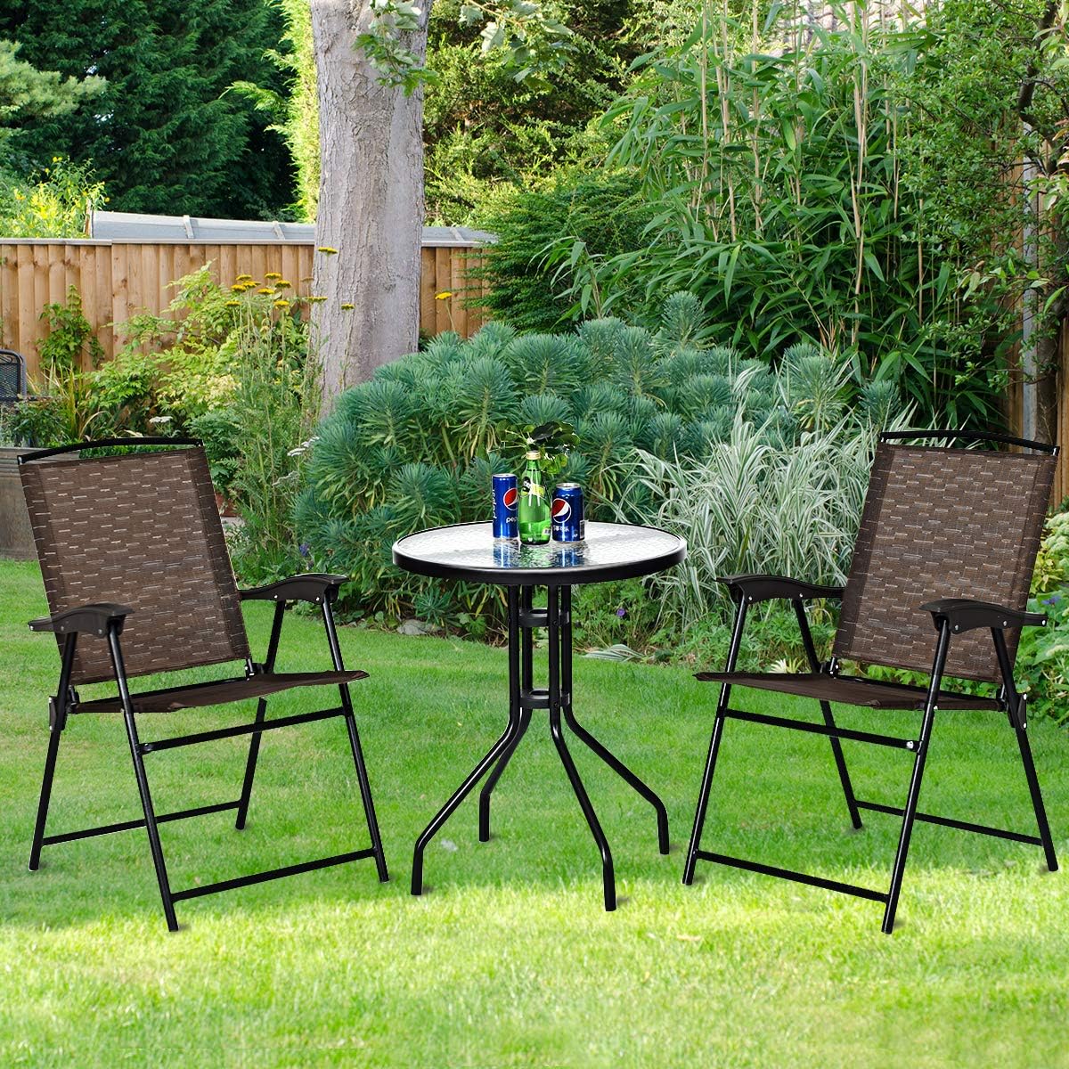 3-Piece Patio Bistro Set with Round Tempered Glass Table and 2 Foldable Chairs E307743