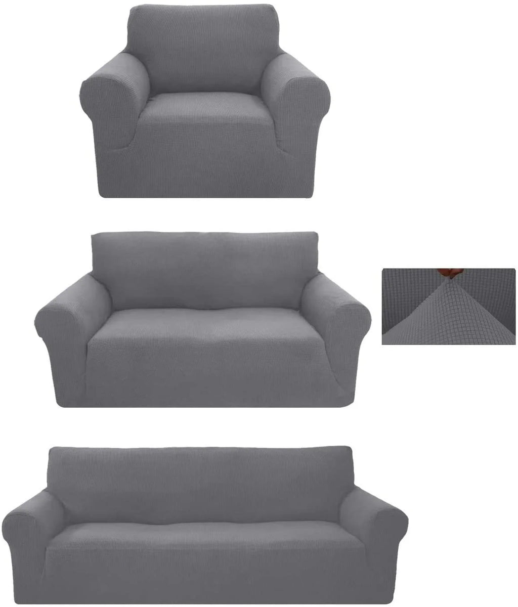 3-Piece Brushed Polyester Spandex SlipCover Set for Sofa Loveseat Couch Arm Chair, Light Gray O14031