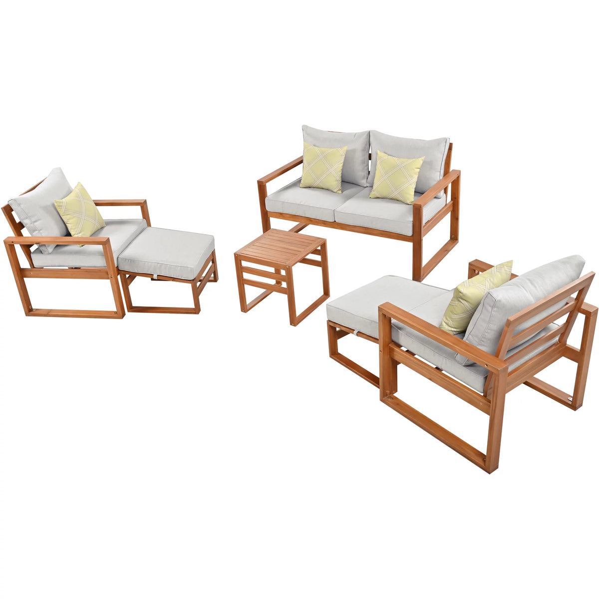 6 Piece Solid Wood Patio Furniture Set with Gray Cushions E47479