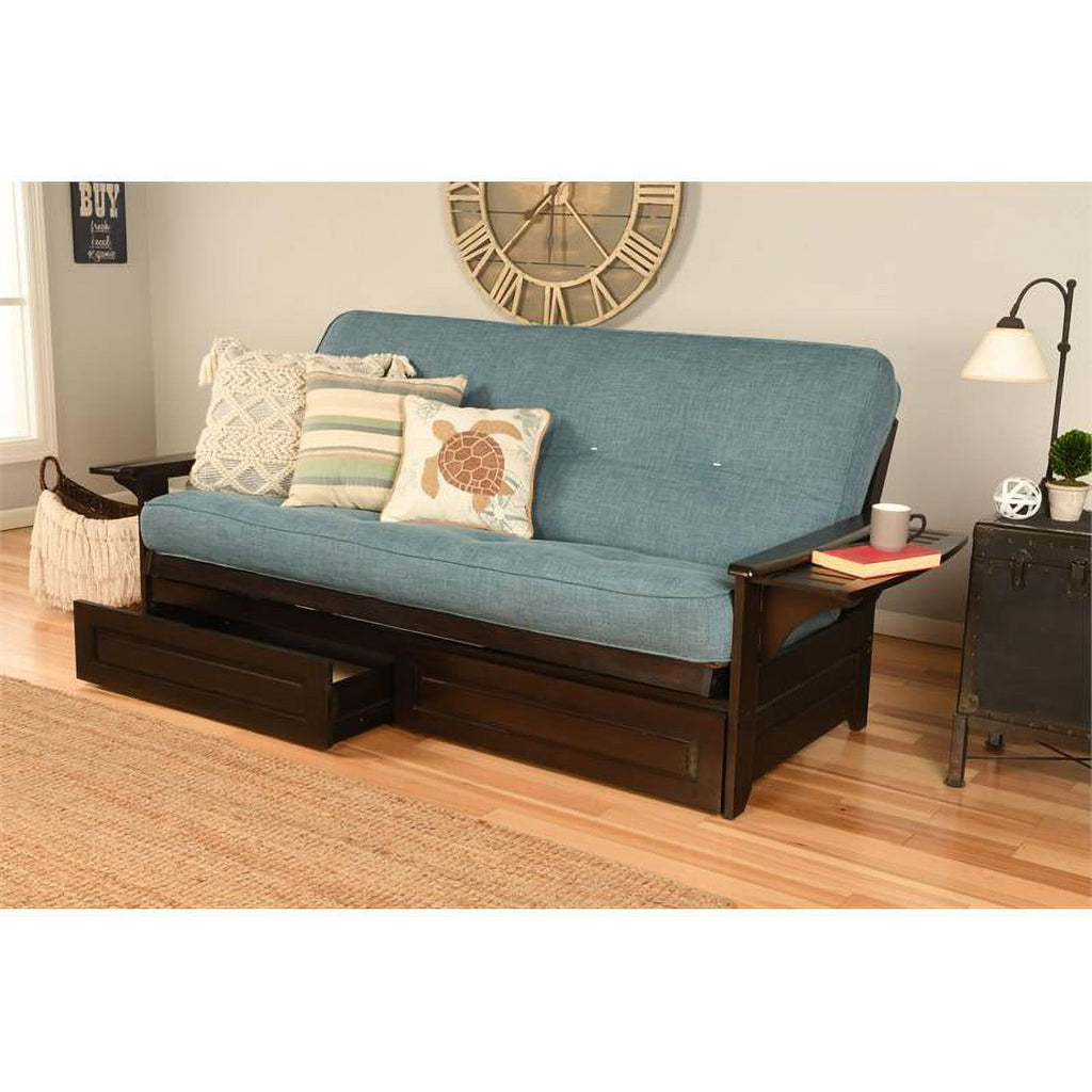 Linen Fabric Mattress Frame in Espresso/Aqua Blue L967240