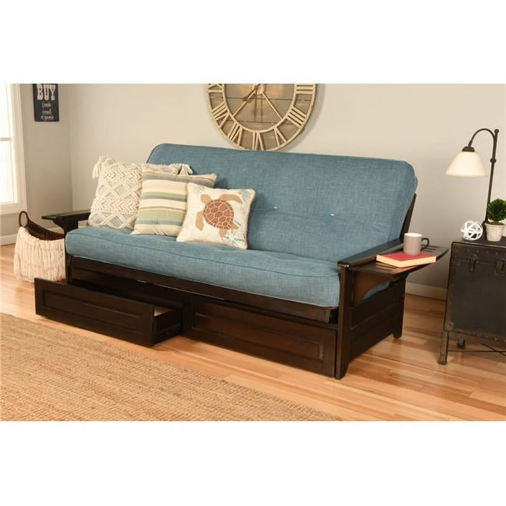 Linen Fabric Mattress Frame in Espresso/Aqua Blue L967240