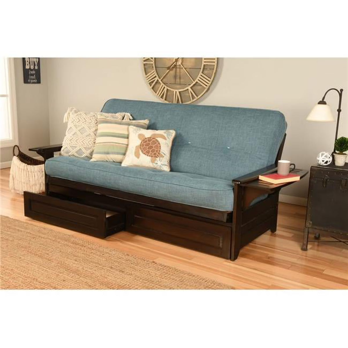 Linen Fabric Mattress Frame in Espresso/Aqua Blue L967240