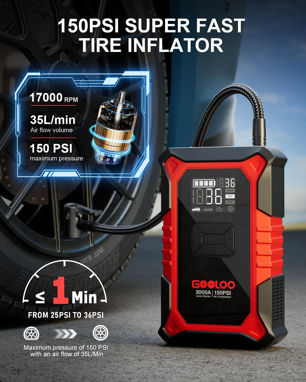 3000A Portable Car Battery Booster with 150PSI Tire Inflator Z557733