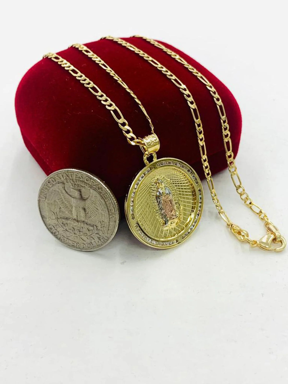 14K Gold Filled Tri Color Virgen de Guadalupe Necklace Figaro Chain R1889