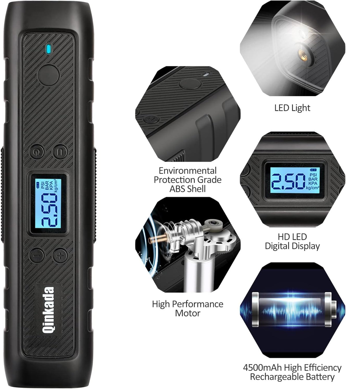 Portable Tire Inflator Air Compressor Pump 4500mAh Rechargeable Li-ion Battery with LED Light T70891
