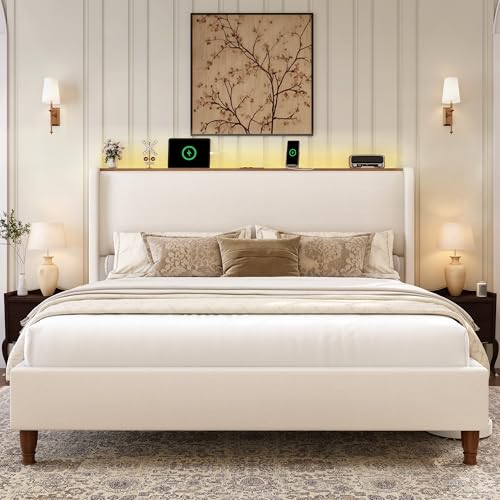 Queen Size Linen Upholstered Platform Bed Frame with Storage Shelf U698