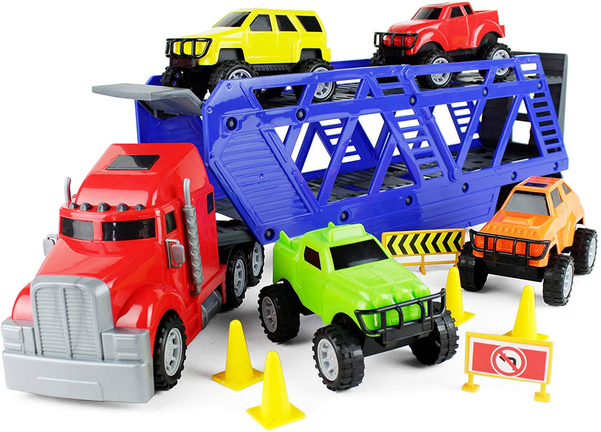 5-in-1 Truck Carrier Toy Trailer with Construction Signs U499