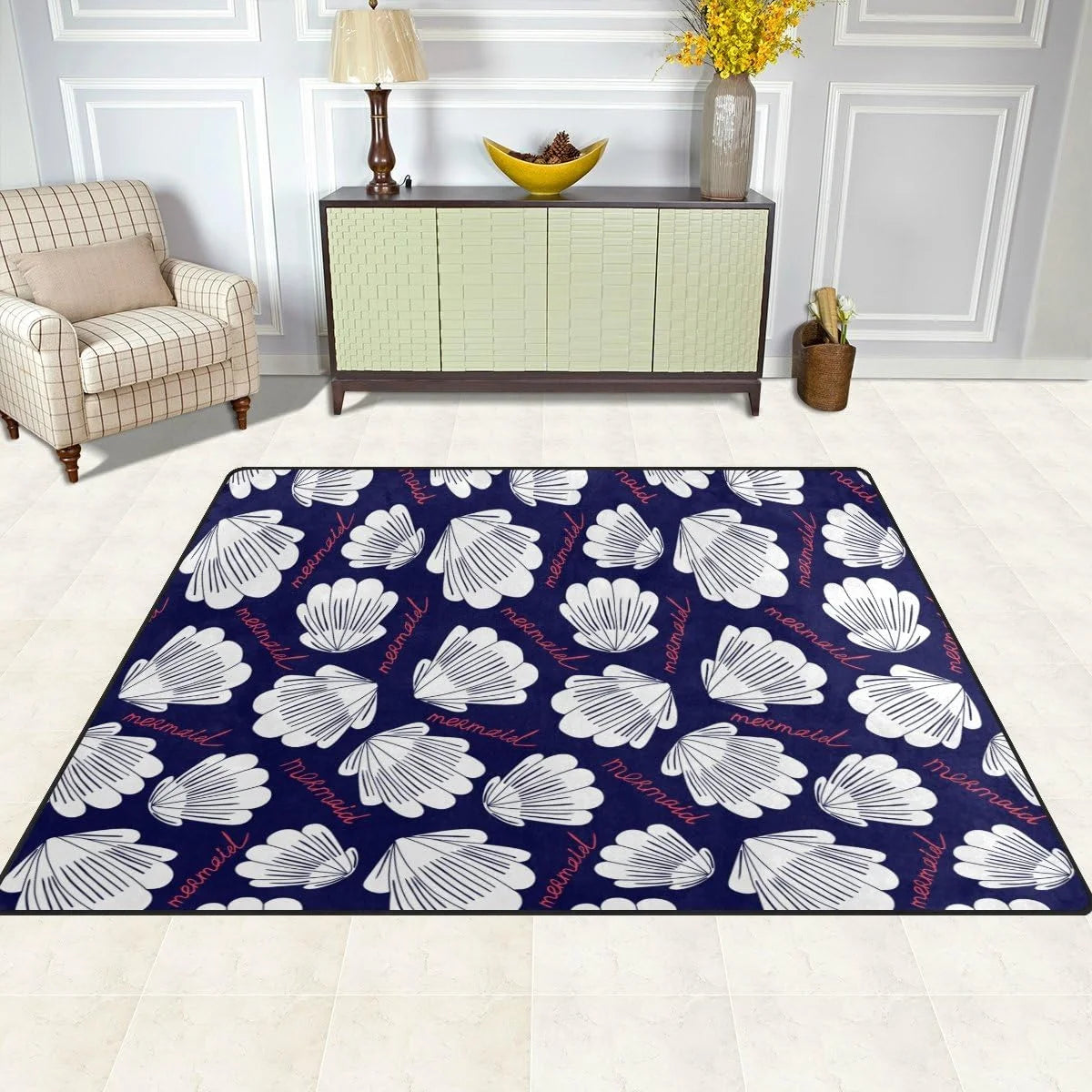 White Shell Mermaid Lightweight Carpet Mats Area Rug Y31250