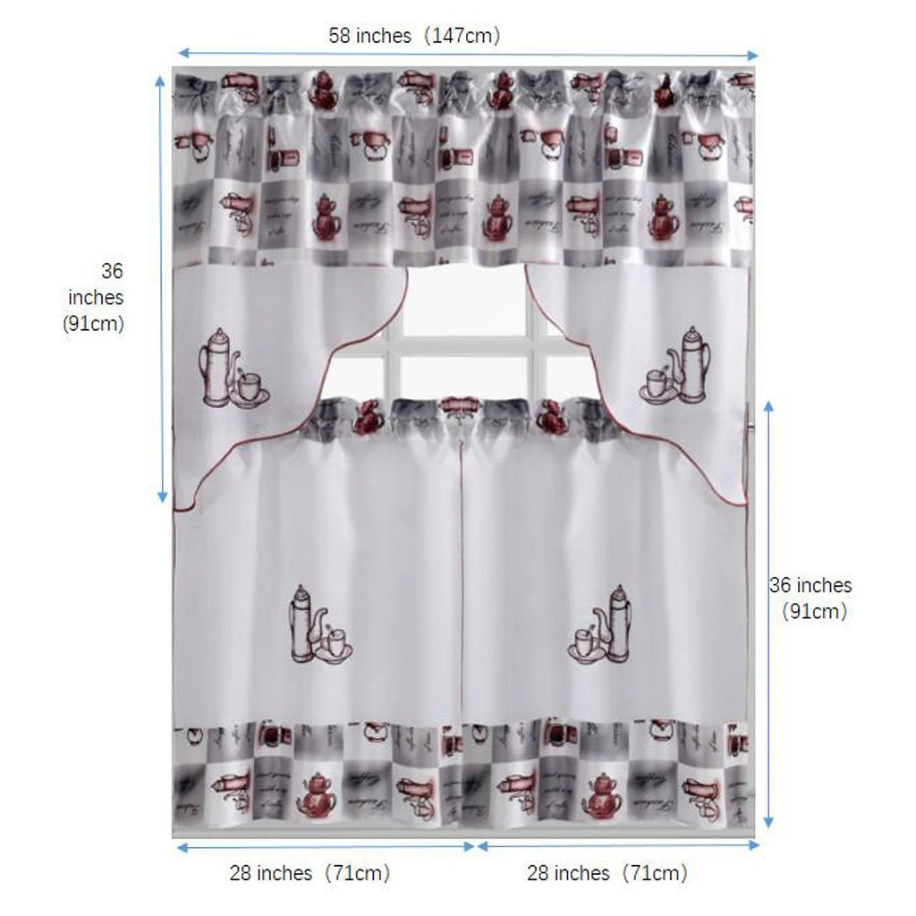 Coffee Embroidered 3-Piece Kitchen Curtain Tiers & Swag Set, 58x36 & 28x36 inches S966
