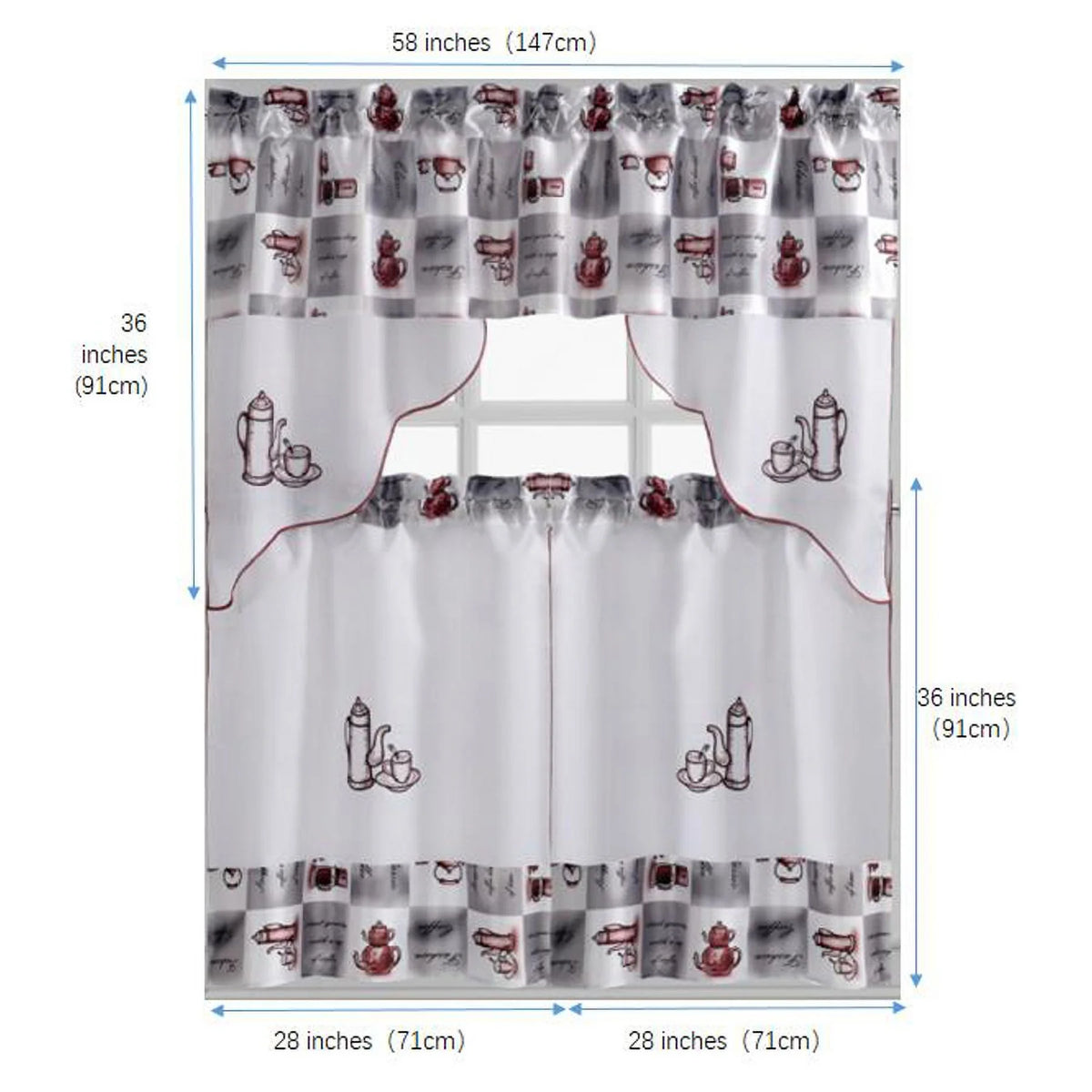 Coffee Embroidered 3-Piece Kitchen Curtain Tiers & Swag Set, 58x36 & 28x36 inches S966
