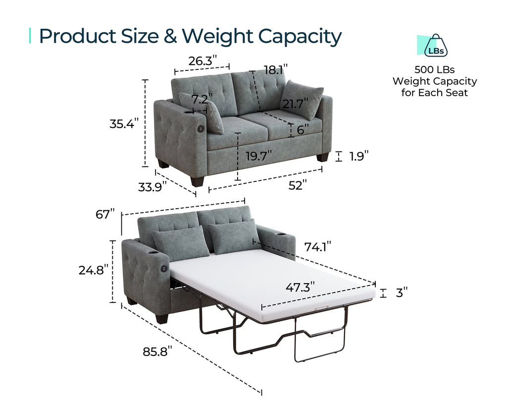 Full Pull Out Sofa Bed 2-in-1 Convertible Sleeper Couch Memory Foam Dark Grey Z43611