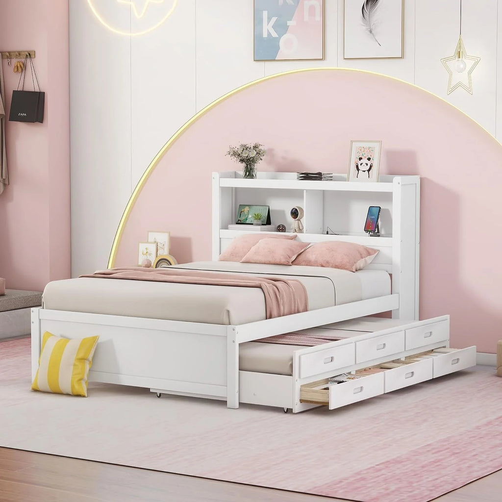 White Full Size Wood Platform Bed with Trundle and Storage Drawers U879252