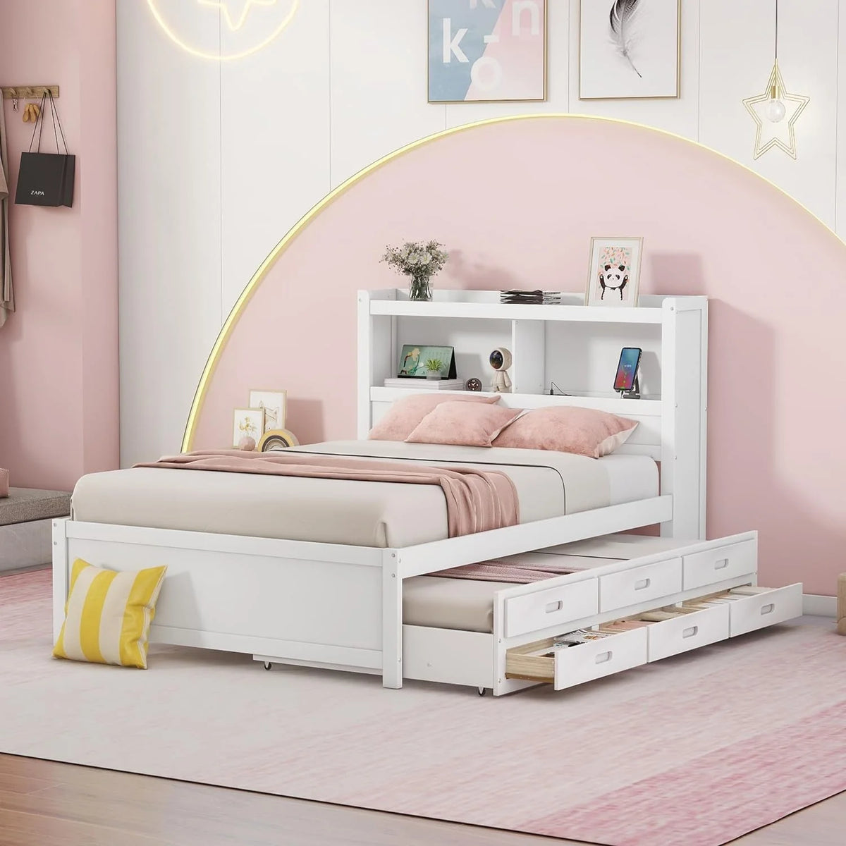 White Full Size Wood Platform Bed with Trundle and Storage Drawers U879252