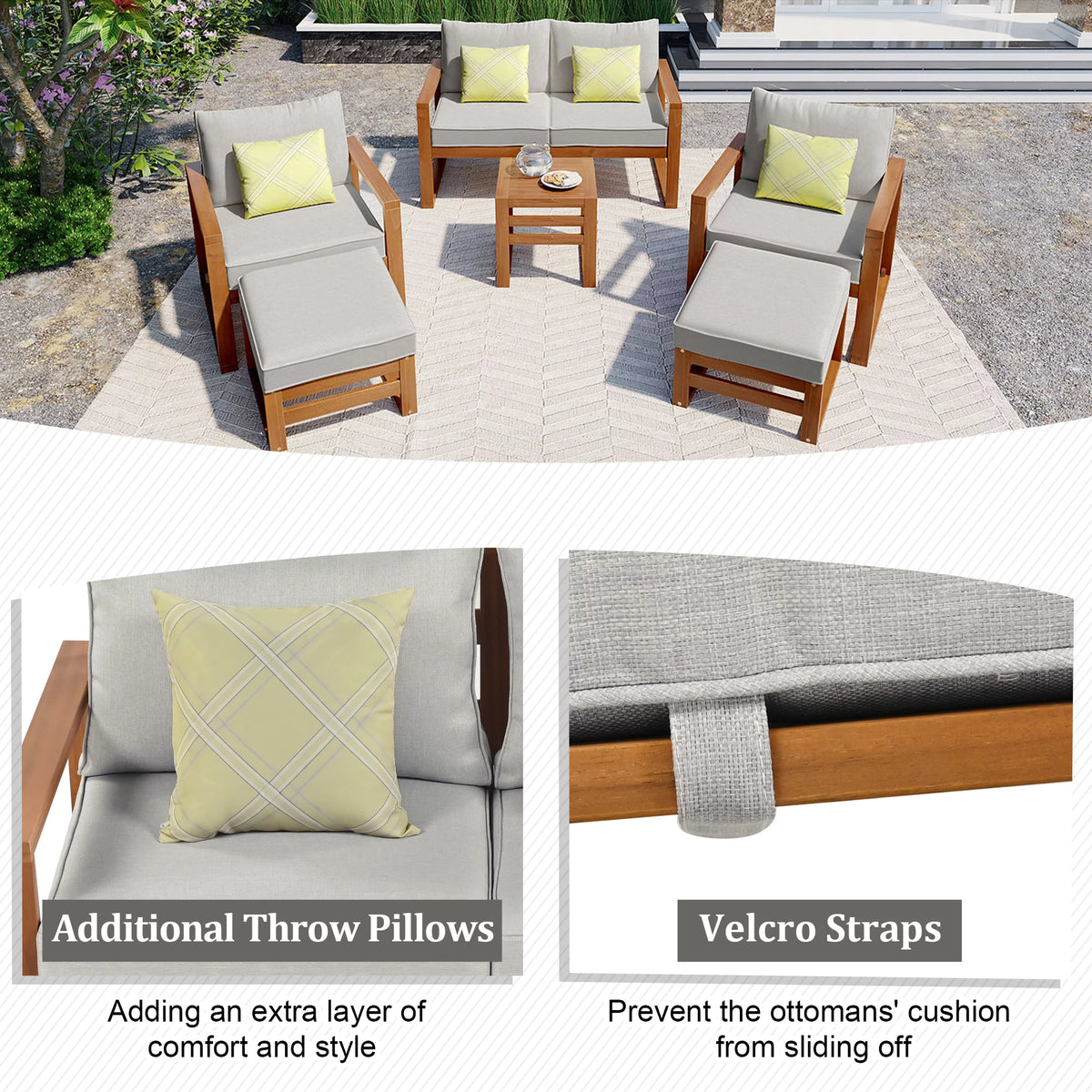 6 Piece Solid Wood Patio Furniture Set with Gray Cushions E47479