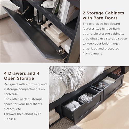 King Size Wood Bed Frame with Storage Headboard and 4 Drawers N7988