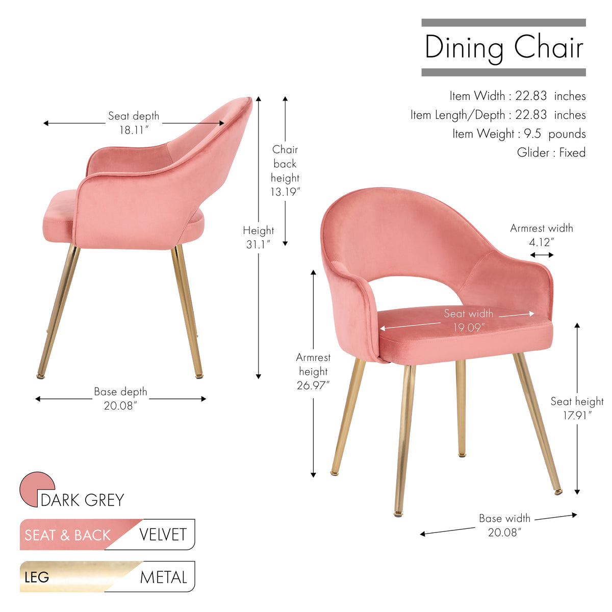 Velvet Upholstery Dining Chairs with Gold Metal Legs C3386