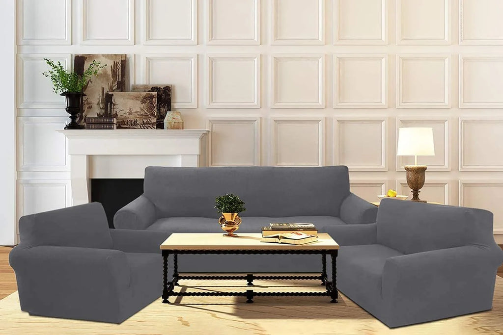 3-Piece Brushed Polyester Spandex SlipCover Set for Sofa Loveseat Couch Arm Chair, Light Gray O14031