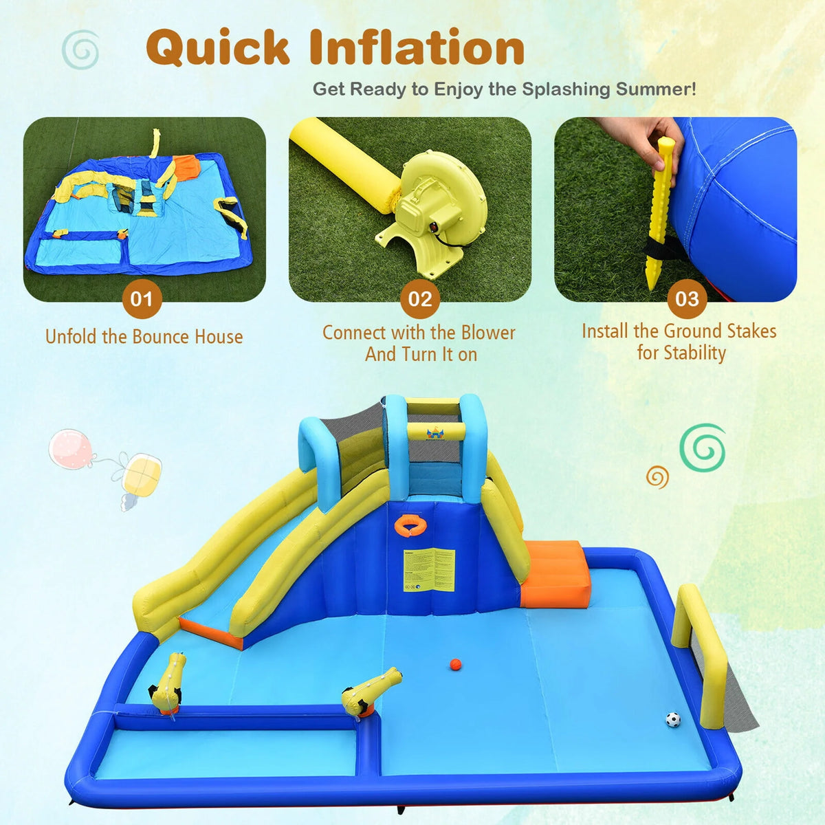 Inflatable Water Slide Bounce House Splash Pool with Blower J753