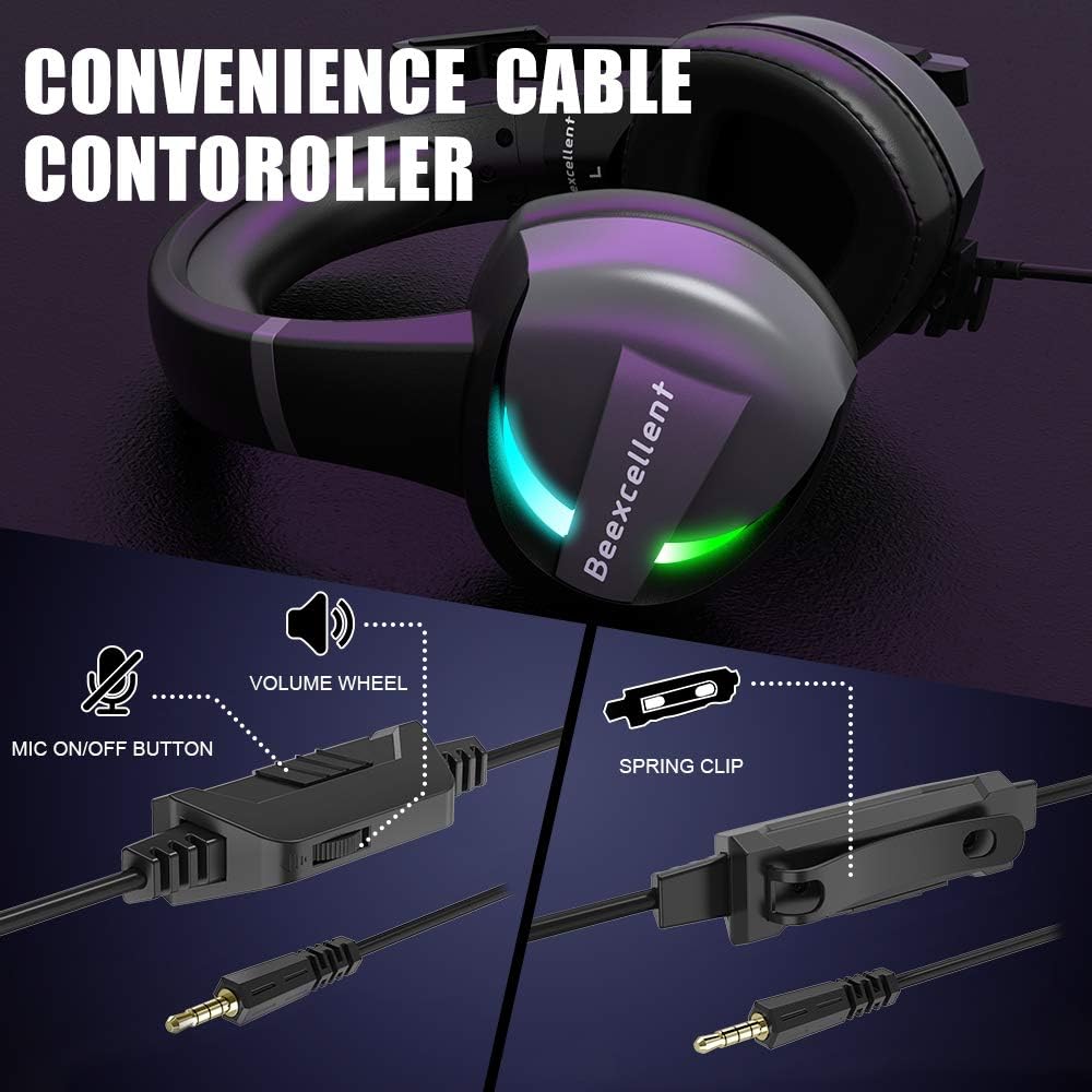 Gaming Headset Headphones with Noise Canceling Microphone LED RGB Light (Black) F14670