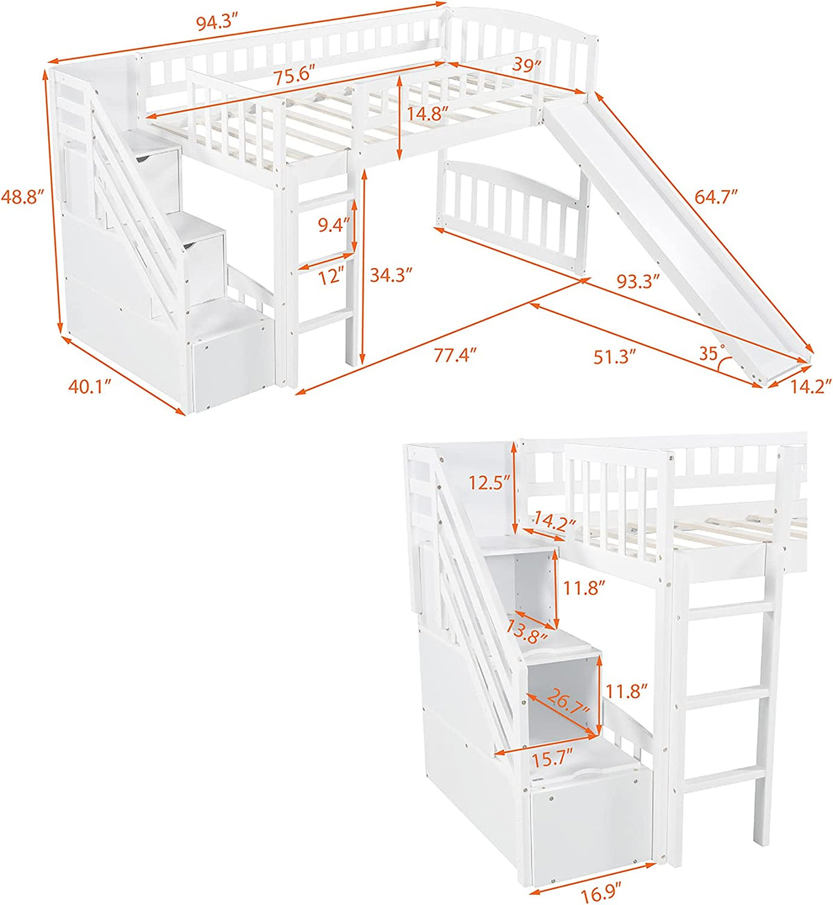 White Wooden Low Loft Bed Frame With Storage R557498