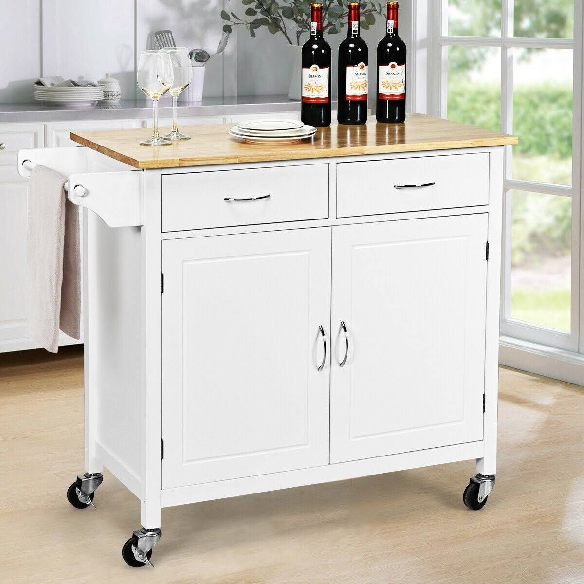 White Rolling Kitchen Cart with Wooden Top I8509