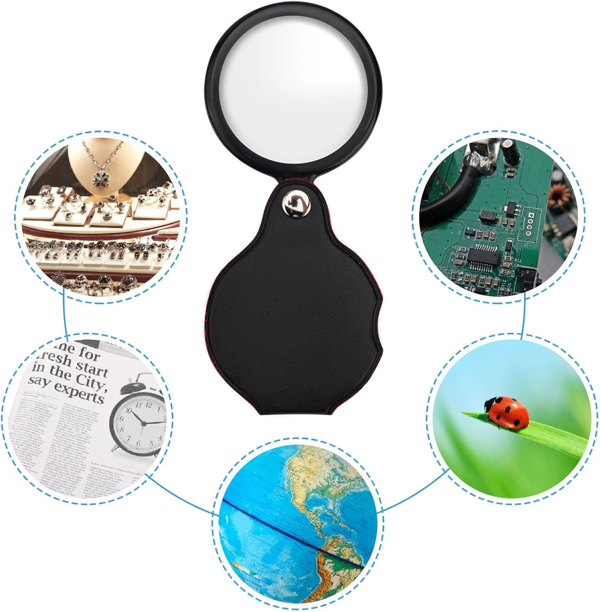 5pcs 10x Mini Magnifier, 2.1" Pocket Magnifying Glass with Rotating Protective Leather Sheath G9018