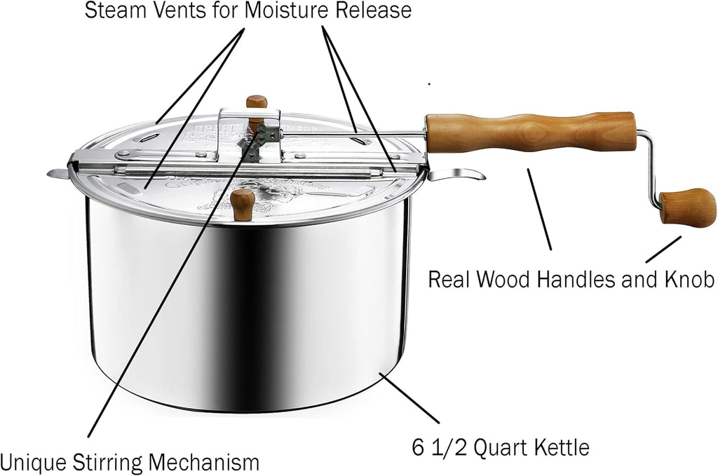 Silver 5qt Stovetop Popcorn Maker with Wooden Handles N320
