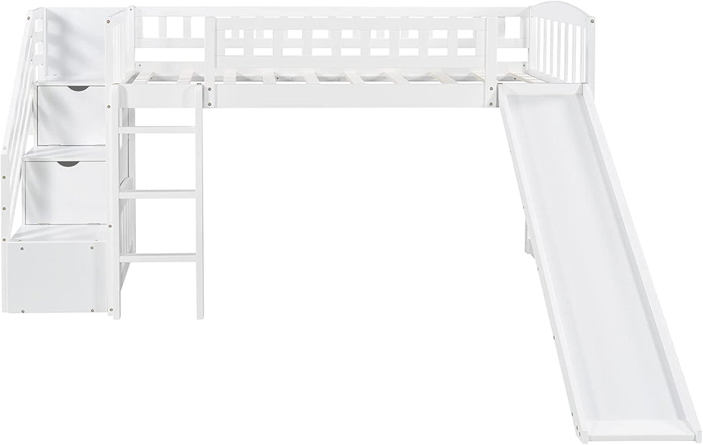 White Wooden Low Loft Bed Frame With Storage R557498