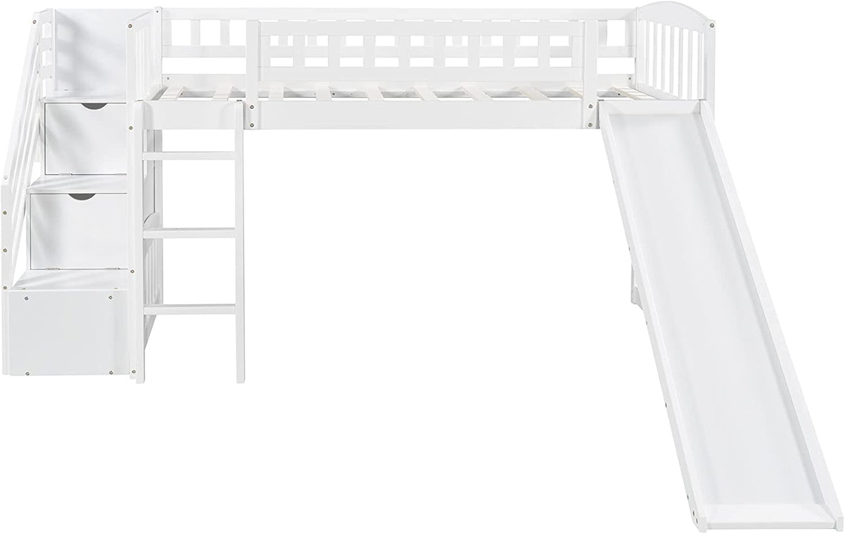 White Wooden Low Loft Bed Frame With Storage R557498