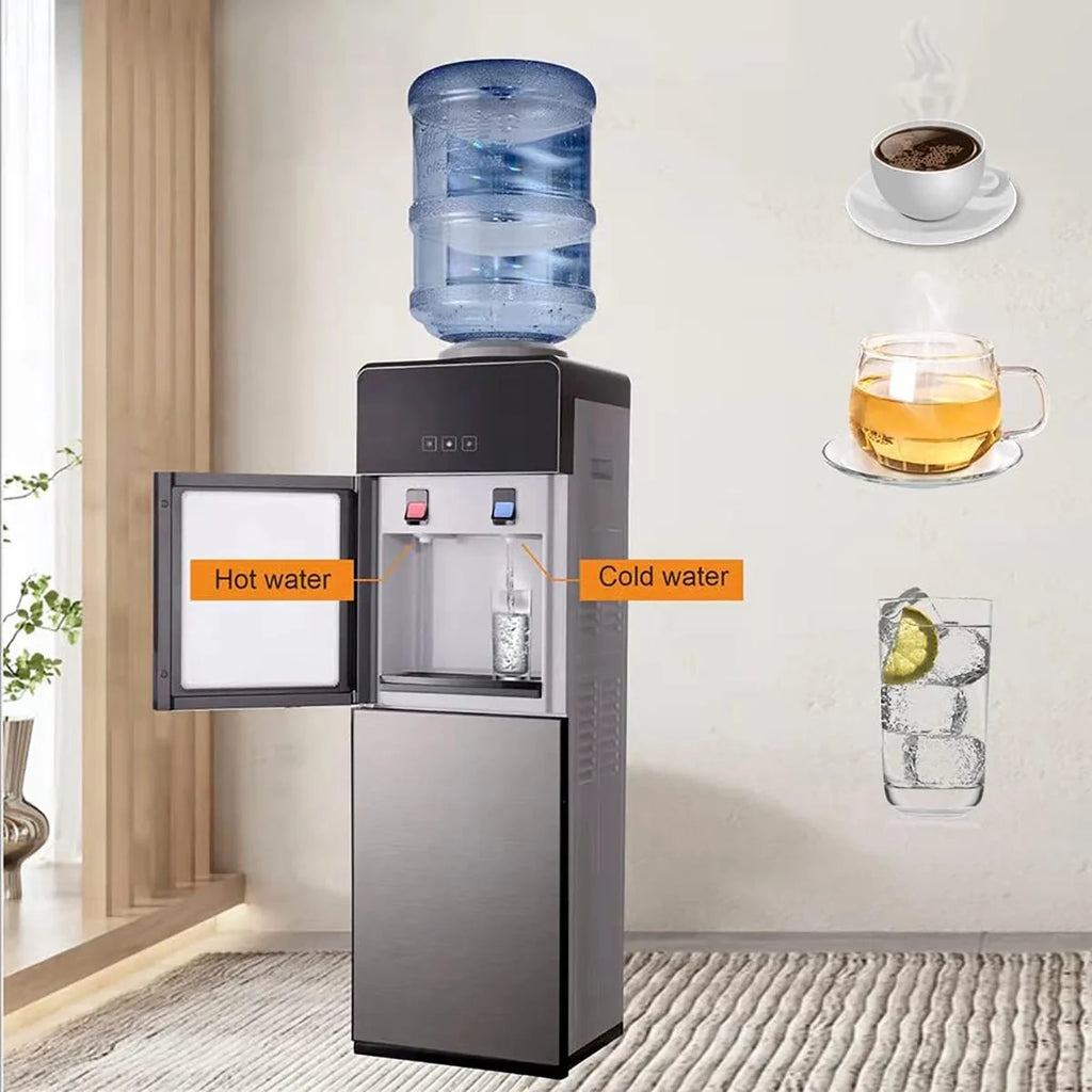 Top-Loading Water Dispenser for 5 Gallon Bottles, Hot & Cold Water Cooler with Storage Cabinet & Glass Door, Gray B2230