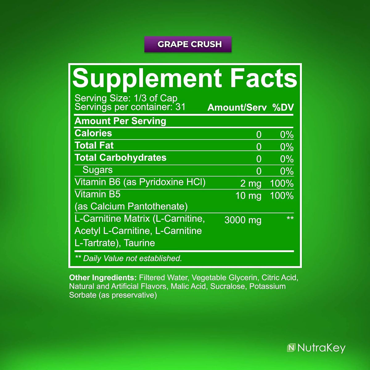 L-Carnitine 3000mg, No Sugar, Gluten Free, Grape Crush, 31 Servings Z29007