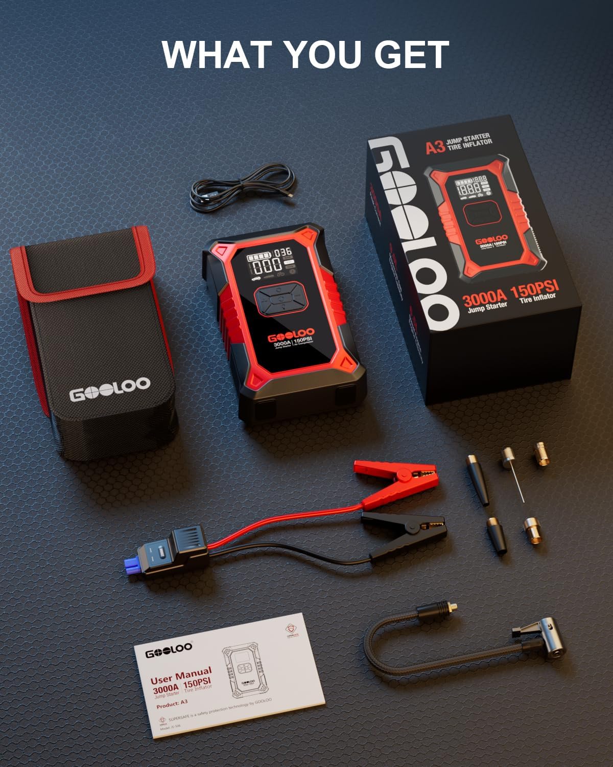 3000A Portable Car Battery Booster with 150PSI Tire Inflator Z557733