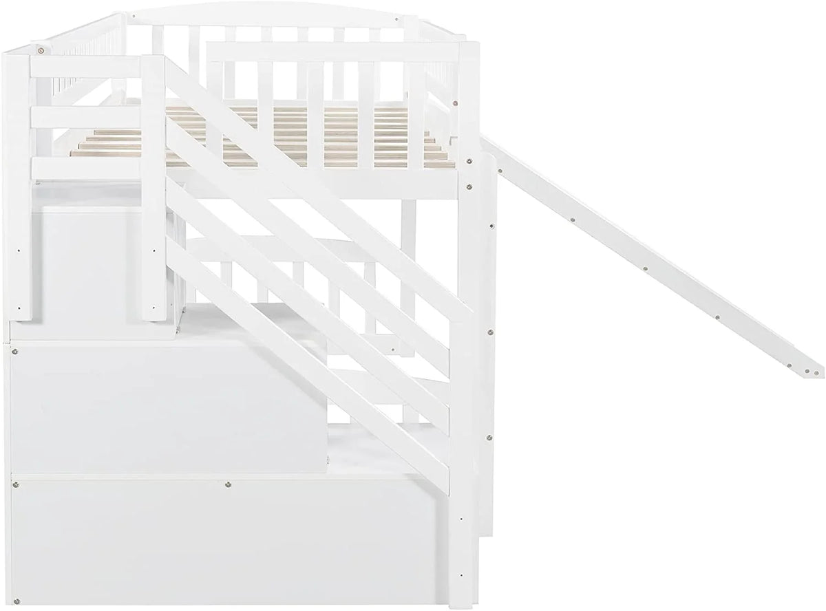 White Wooden Low Loft Bed Frame With Storage R557498