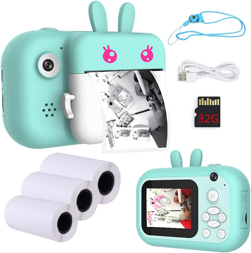 Blue Instant Print Camera for Kids with 3 Rolls Print Paper & 32GB SD Card E4799
