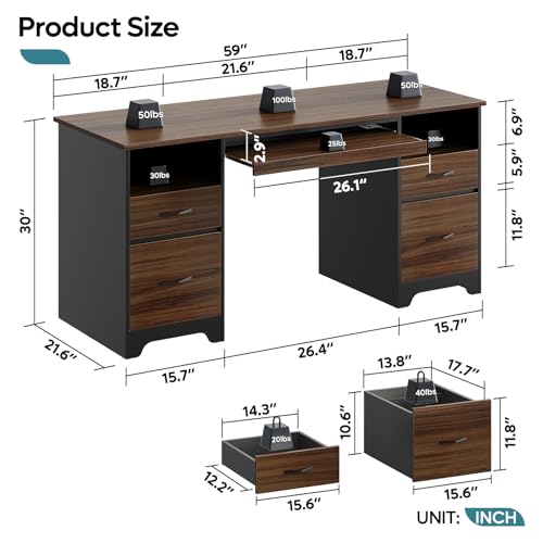 59" Computer Desk with 4 Drawers and File Drawer L423