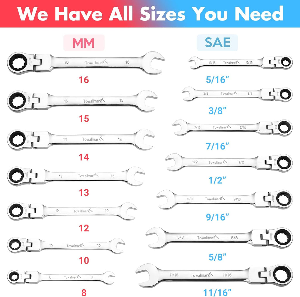 14-Piece Ratcheting Combination Wrench Set, SAE & Metric, Cr-V Steel with Storage Bag I215