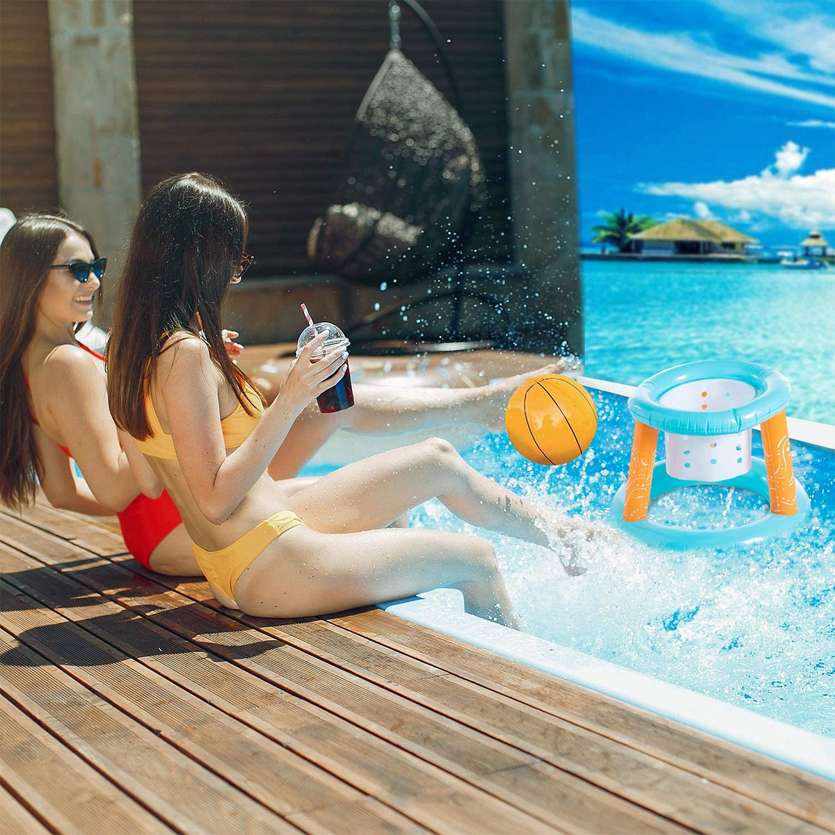 Light Blue Inflatable Volleyball Net & Basketball Hoops Pool Float Set E5843