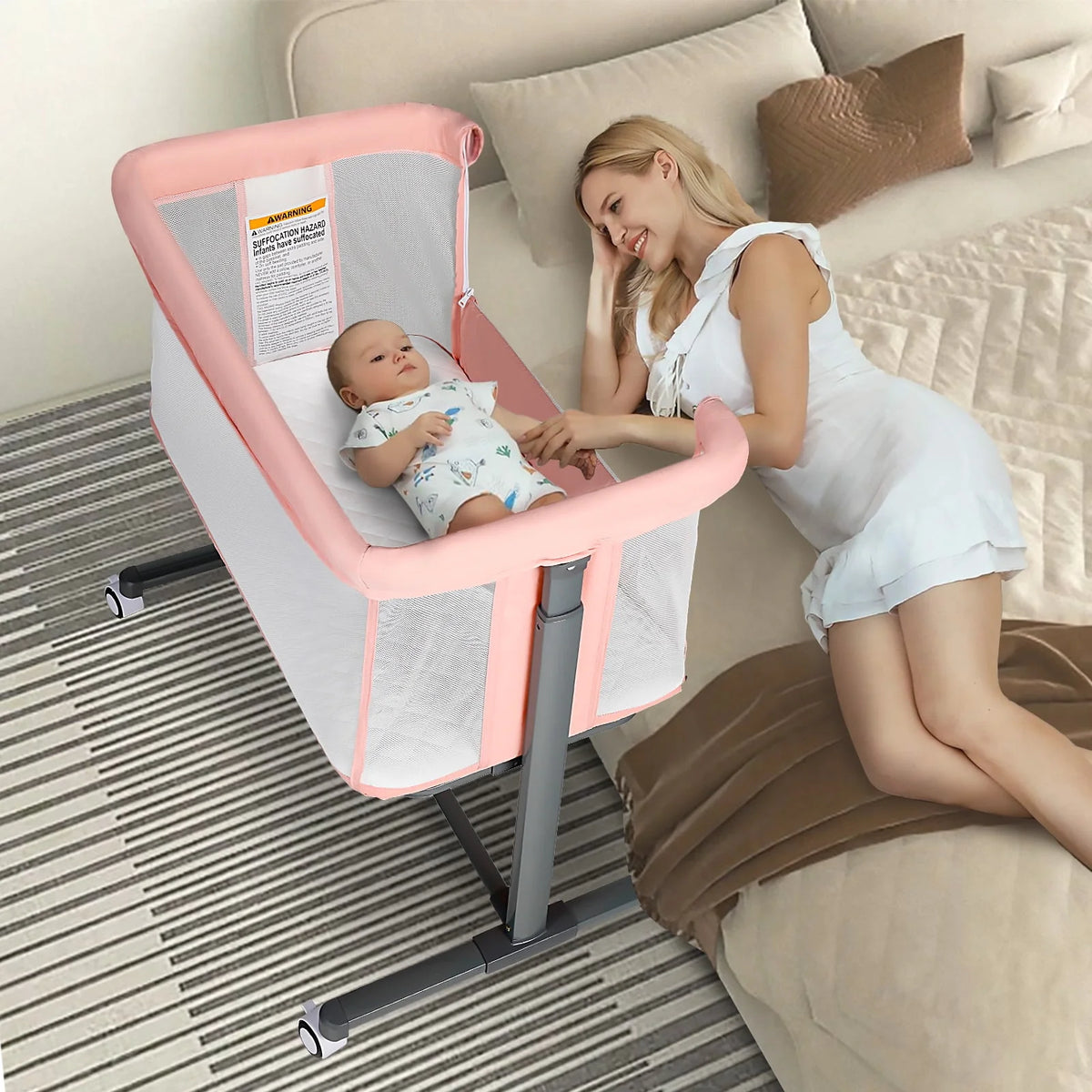 Baby Bassinet with Wheels Adjustable Bedside Sleeper Grey H817